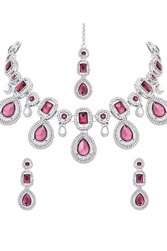 Silver traditional kundan & stone choker necklace jewellery with earrings & maang tikka set for women