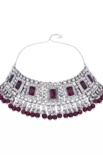 Silver plated traditional kundan & pearl bridal choker necklace jewellery set with earrings & maang tikka for women