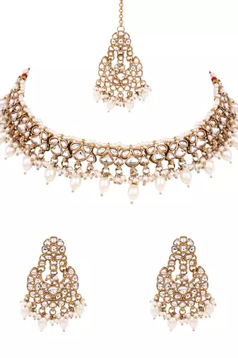 Gold plated traditional kundan pearl choker necklace with earrings & maang tikka for women (k7306w)