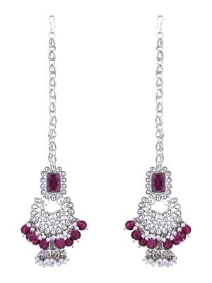Silver plated traditional kundan & pearl bridal choker necklace jewellery set with earrings & maang tikka for women 4