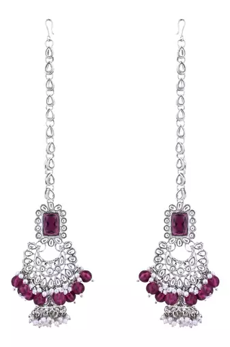 Silver plated traditional kundan & pearl bridal choker necklace jewellery set with earrings & maang tikka for women