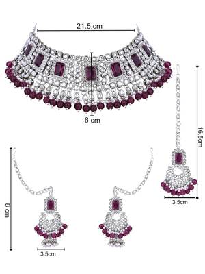 Silver plated traditional kundan & pearl bridal choker necklace jewellery set with earrings & maang tikka for women 5