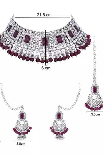 Silver plated traditional kundan & pearl bridal choker necklace jewellery set with earrings & maang tikka for women