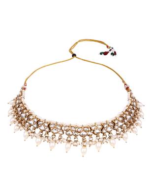 Gold plated traditional kundan pearl choker necklace with earrings & maang tikka for women (k7306w) 3