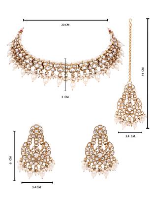 Gold plated traditional kundan pearl choker necklace with earrings & maang tikka for women (k7306w) 5