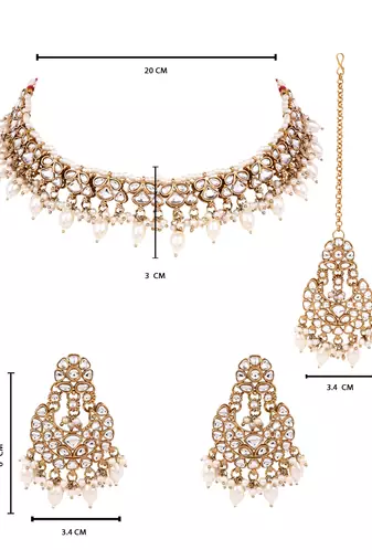 Gold plated traditional kundan pearl choker necklace with earrings & maang tikka for women (k7306w)