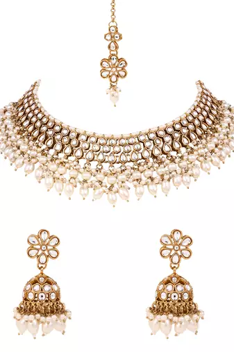 Gold plated traditional kundan pearl choker necklace with earrings & maang tikka for women (k7307w)