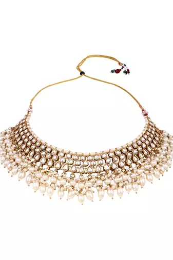 Gold plated traditional kundan pearl choker necklace with earrings & maang tikka for women (k7307w)