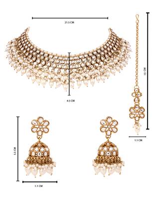Gold plated traditional kundan pearl choker necklace with earrings & maang tikka for women (k7307w) 5
