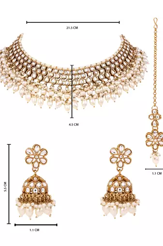 Gold plated traditional kundan pearl choker necklace with earrings & maang tikka for women (k7307w)