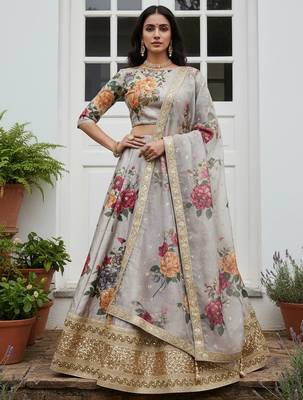 gray floral printed art silk lehenga set choli with dupatta with dupatta 1