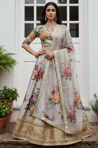 gray floral printed art silk lehenga set choli with dupatta with dupatta