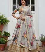gray floral printed art silk lehenga set choli with dupatta with dupatta
