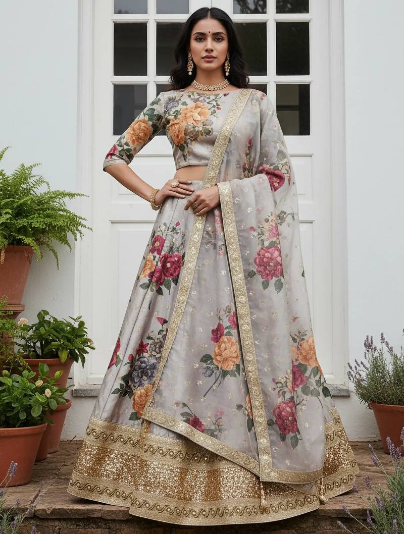 gray floral printed art silk lehenga set choli with dupatta with dupatta