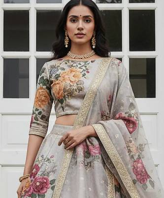 gray floral printed art silk lehenga set choli with dupatta with dupatta 2