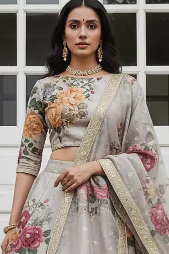 gray floral printed art silk lehenga set choli with dupatta with dupatta