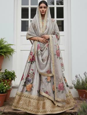 gray floral printed art silk lehenga set choli with dupatta with dupatta 3