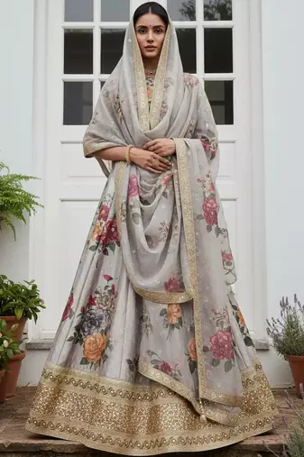 gray floral printed art silk lehenga set choli with dupatta with dupatta