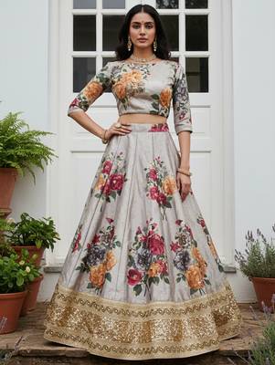 gray floral printed art silk lehenga set choli with dupatta with dupatta 4