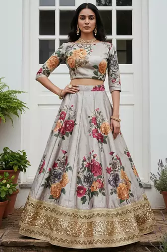 gray floral printed art silk lehenga set choli with dupatta with dupatta