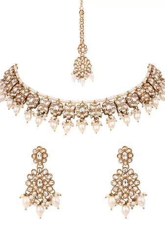 Gold plated traditional kundan pearl choker necklace with earrings & maang tikka for women (k7308w)
