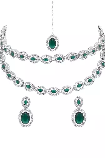 Silver plated stylish design crystal diamond oval shape necklace with earrings & maang tikka jewellery set for women