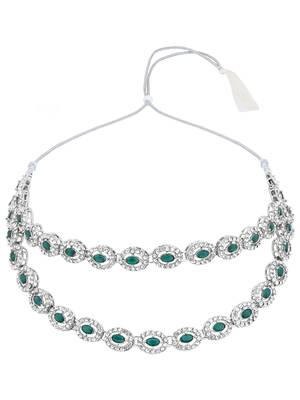 Silver plated stylish design crystal diamond oval shape necklace with earrings & maang tikka jewellery set for women 4