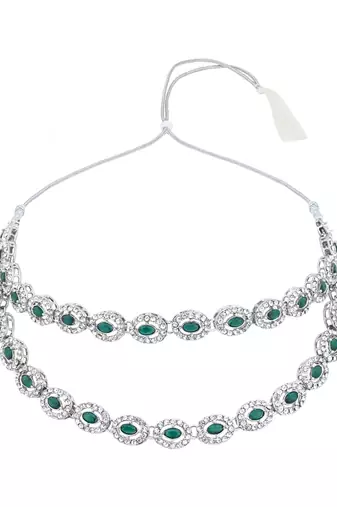 Silver plated stylish design crystal diamond oval shape necklace with earrings & maang tikka jewellery set for women
