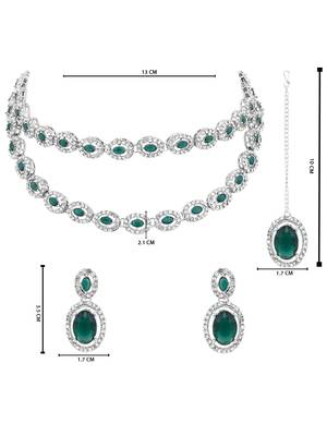 Silver plated stylish design crystal diamond oval shape necklace with earrings & maang tikka jewellery set for women 5