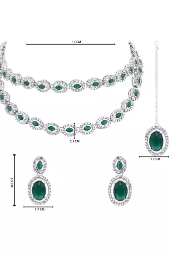Silver plated stylish design crystal diamond oval shape necklace with earrings & maang tikka jewellery set for women