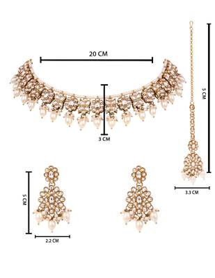 Gold plated traditional kundan pearl choker necklace with earrings & maang tikka for women (k7308w) 5