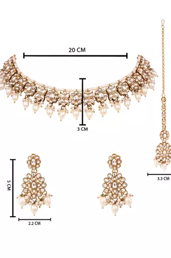 Gold plated traditional kundan pearl choker necklace with earrings & maang tikka for women (k7308w)