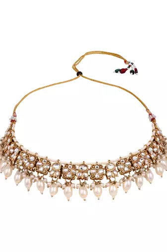 Gold plated traditional kundan pearl choker necklace with earrings & maang tikka jewellery set for women (k7309w)