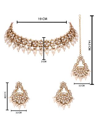 Gold plated traditional kundan pearl choker necklace with earrings & maang tikka jewellery set for women (k7309w) 5