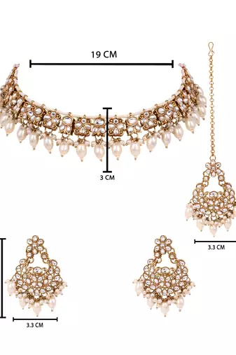 Gold plated traditional kundan pearl choker necklace with earrings & maang tikka jewellery set for women (k7309w)