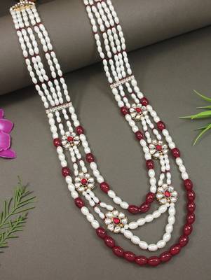 4 layered traditional gold plated dulha moti mala with floral beaded maharaja haar/groom necklace for men (maroon) 1