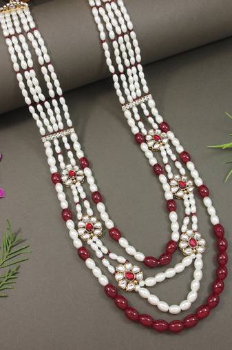 4 layered traditional gold plated dulha moti mala with floral beaded maharaja haar/groom necklace for men (maroon)