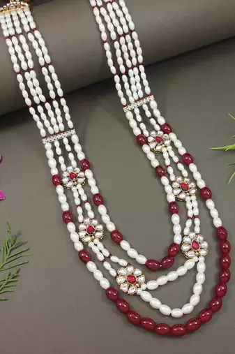 4 layered traditional gold plated dulha moti mala with floral beaded maharaja haar/groom necklace for men (maroon)