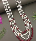 4 layered traditional gold plated dulha moti mala with floral beaded maharaja haar/groom necklace for men (maroon)