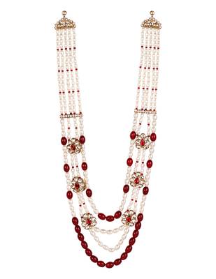 4 layered traditional gold plated dulha moti mala with floral beaded maharaja haar/groom necklace for men (maroon) 2