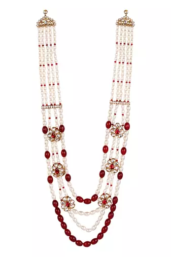 4 layered traditional gold plated dulha moti mala with floral beaded maharaja haar/groom necklace for men (maroon)