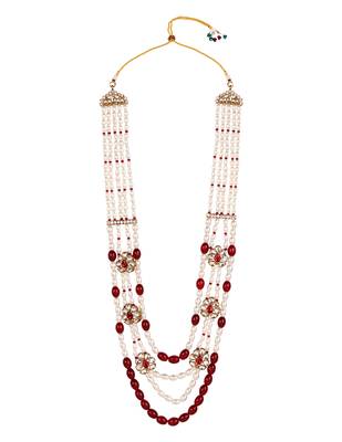 4 layered traditional gold plated dulha moti mala with floral beaded maharaja haar/groom necklace for men (maroon) 3