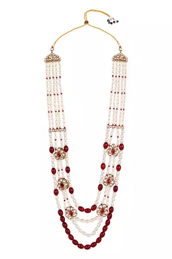 4 layered traditional gold plated dulha moti mala with floral beaded maharaja haar/groom necklace for men (maroon)
