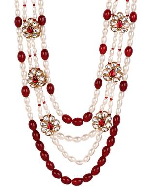 4 layered traditional gold plated dulha moti mala with floral beaded maharaja haar/groom necklace for men (maroon) 4