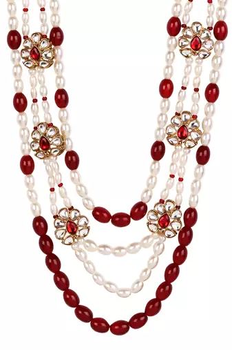4 layered traditional gold plated dulha moti mala with floral beaded maharaja haar/groom necklace for men (maroon)