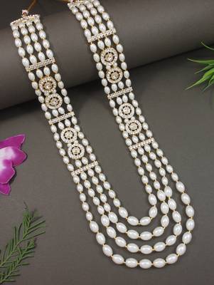 4 layered traditional gold plated dulha moti mala with beaded maharaja haar/groom necklace for men (white) 1