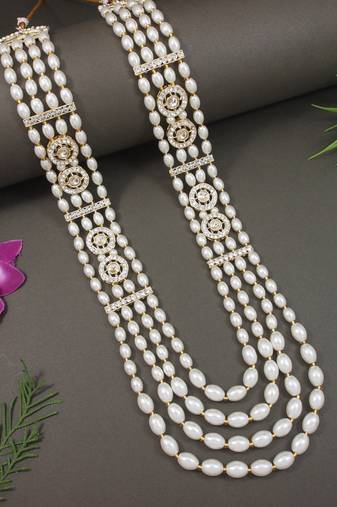 4 layered traditional gold plated dulha moti mala with beaded maharaja haar/groom necklace for men (white)