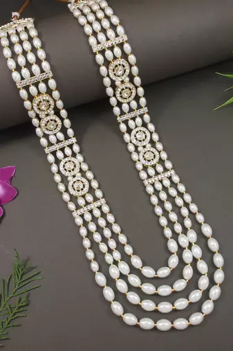 4 layered traditional gold plated dulha moti mala with beaded maharaja haar/groom necklace for men (white)