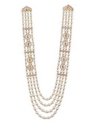 4 layered traditional gold plated dulha moti mala with beaded maharaja haar/groom necklace for men (white) 2