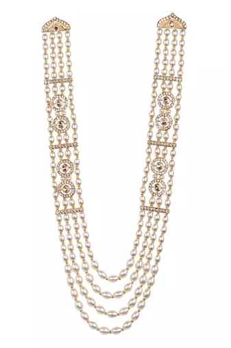 4 layered traditional gold plated dulha moti mala with beaded maharaja haar/groom necklace for men (white)